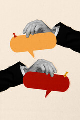 Vertical poster collage businessman hands body fragments hold textbox message cite phrase...