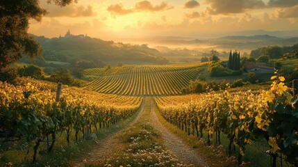 Fototapeta premium breathtaking view of a vineyard bathed in golden sunlight rows of grapevines stretching towards the horizon gentle mist enveloping the valley evoking a sense of tranquility and abundance