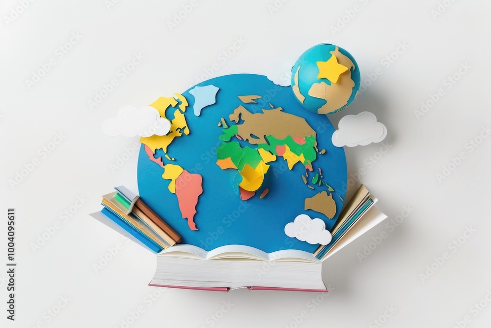 Poster an open book featuring a map of the world, great for educational or travel-related projects