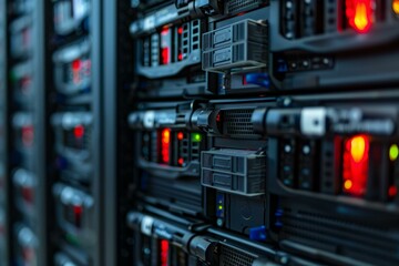 Naklejka premium Server room equipment is blinking as it stores data in a data center