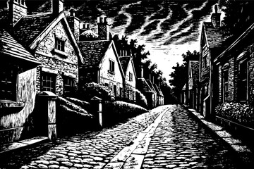 Vintage Black and White Cobblestone Street in Village Dramatic Sky