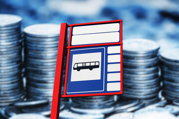 Bus stop background. Bus ticket prices rising. Cost of public transport. Traffic sign isolated on...
