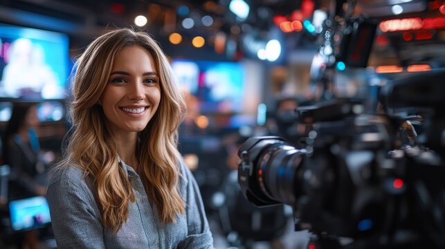 A woman is smiling in front of a camera