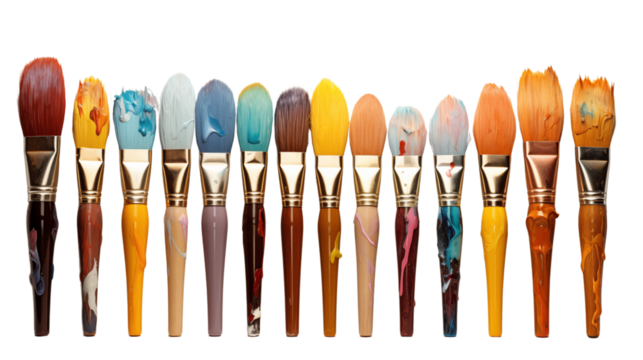 A row of paint brushes, studio view, isolated on white background.