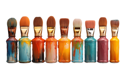 A row of paint brushes, studio view, isolated on white background.