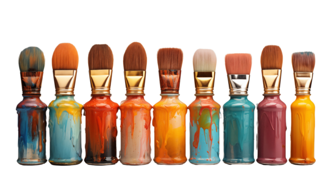 A row of paint brushes, studio view, isolated on white background.