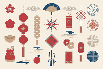 Hand drawn element illustration set of Asian Chinese traditional red and gold elements with outline celebreation and Chinese New Year. For poster, card, tag, invitation, media, web