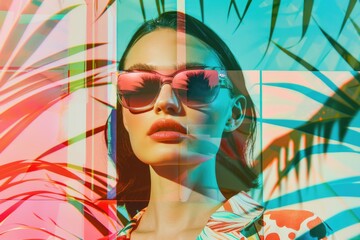 A woman wears a bright floral shirt and sunglasses on a sunny day