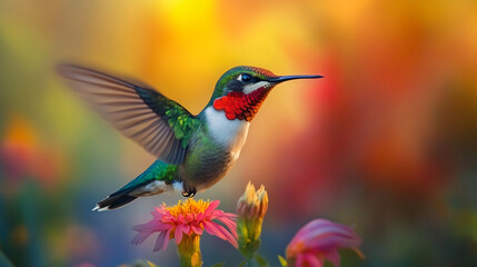 Fototapeta premium A vibrant ruby-throated hummingbird hovering near a flower