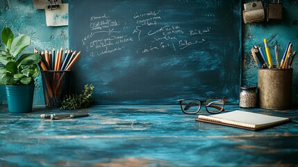 a desk with a chalkboard and a book and glasses

