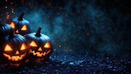 Fototapeta premium Illuminated Jack-o'-Lanterns in a Dark and Smoky Setting