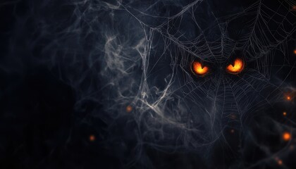 Glowing Eyes Hidden in a Spiderweb with Smoke and Bokeh