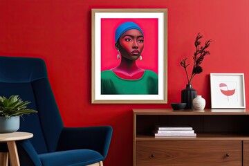 Colorful Digital Artwork Framed in Wood Displayed on Striking Red Wall