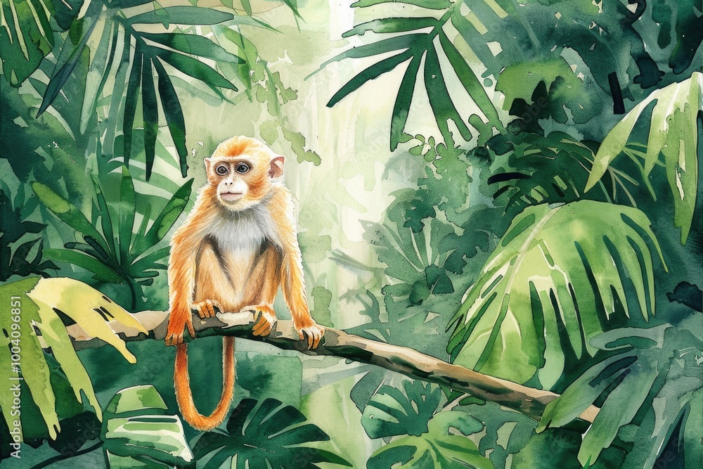 Poster a monkey sits comfortably on a tree branch, looking out at the viewer