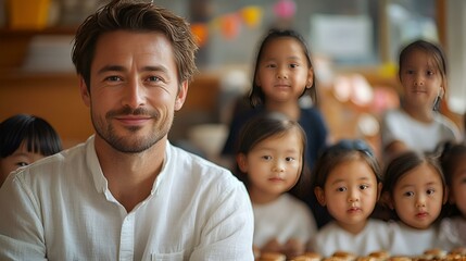 A man smiles warmly while standing in front of a group of cheerful children, creating a joyful atmosphere.