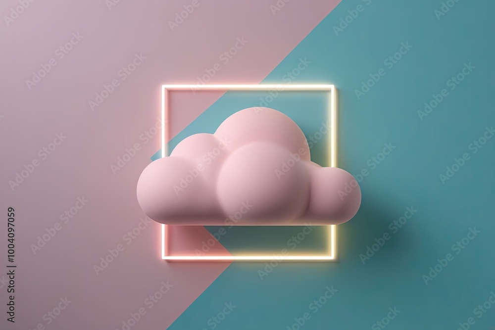 Aufkleber 3d abstract minimalist pastel cloud rendering with neon glow and geometric frame