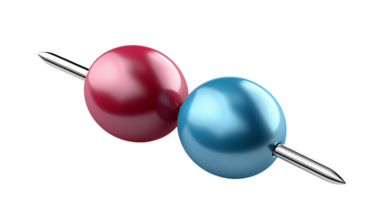 A single red and blue push pin with a silver needle, studio view, isolated on white background.