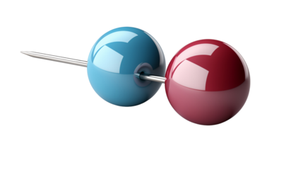 A single red and blue push pin with a silver needle, studio view, isolated on white background.