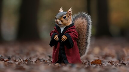 Naklejka premium A whimsical squirrel dressed in a wizard outfit stands amidst autumn leaves, showcasing a blend of nature and fantasy.