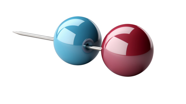 A single red and blue push pin with a silver needle, studio view, isolated on white background.