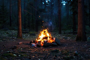 A campfire surrounded by trees in a dense forest, ideal for outdoor adventures and camping scenes