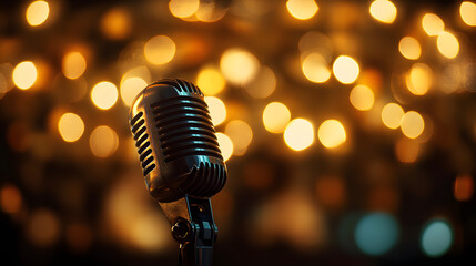 Metal microphone on blurred background with bokeh lights
