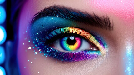 Fototapeta premium A woman's eye is painted with rainbow colors