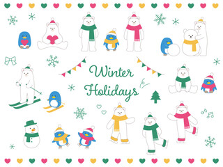 冬の白熊とペンギンのベクターイラスト。シロクマ、マフラー、帽子、スキー、スケート、動物