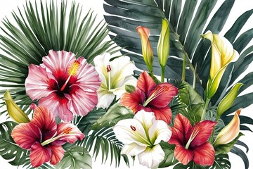 Vibrant Watercolor Floral Arrangement with Hibiscus Palm Fronds Amaryllis and Calla Lily Design