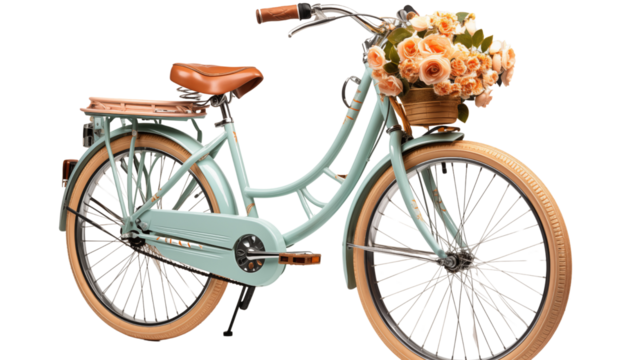 A vintage blue bicycle with a wicker basket on the handlebars, studio view, isolated on white background. - Powered by Adobe