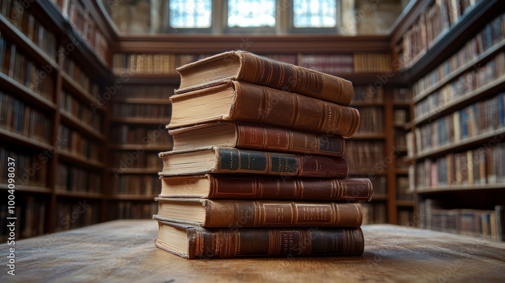 Poster a stack of books on a table in a library