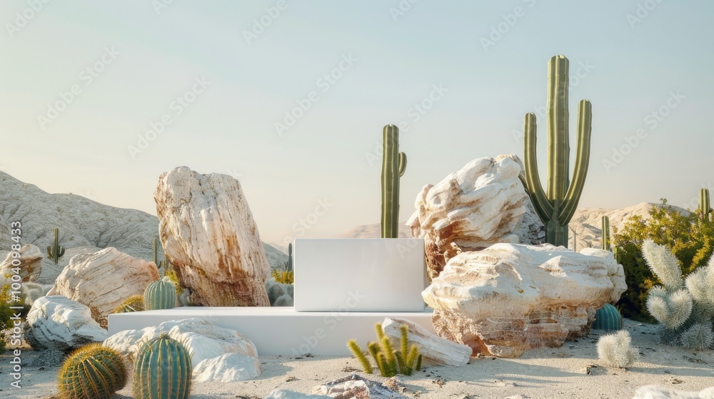 Poster a desert scene featuring a white platform surrounded by cacti, perfect for use in travel or adventur