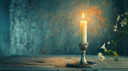Burning Candle on Wooden Table with Flowers
