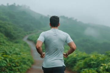 Fototapeta premium Man Running Up Hill Foggy Mountain Trail Fitness Healthy Lifestyle