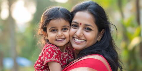 Obraz premium A mother and daughter are smiling for the camera. The mother is wearing a red sari and the daughter is wearing a red dress. Scene is happy and joyful