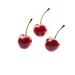 Three red cherries floating in the air on a transparent background. Transparent, PNG