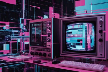 Obraz premium Glitchy Retro TV Aesthetic with Distinctive Analog Interference Elements