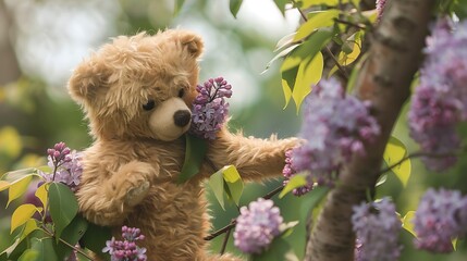 Vintage cinnamon colored teddy bear climbing lilac tree in the garden on a summer day