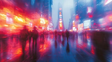 Fototapeta premium bustling city street blurred silhouettes of pedestrians in motion modern skyscrapers loom overhead neon lights reflect on wet pavement atmospheric urban scene sense of anonymity and energy