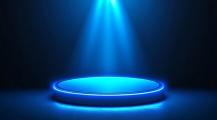 A radiant blue podium illuminated by a vibrant spotlight on a deep blue background sets a luxurious scene perfect for a prestigious award ceremony.	