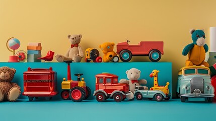 Vintage toys isolated on colorful background