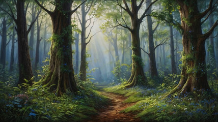 Naklejka premium Enchanted wood painting with magic trees