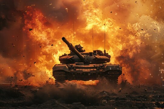 A tank is situated in front of a large-scale explosion