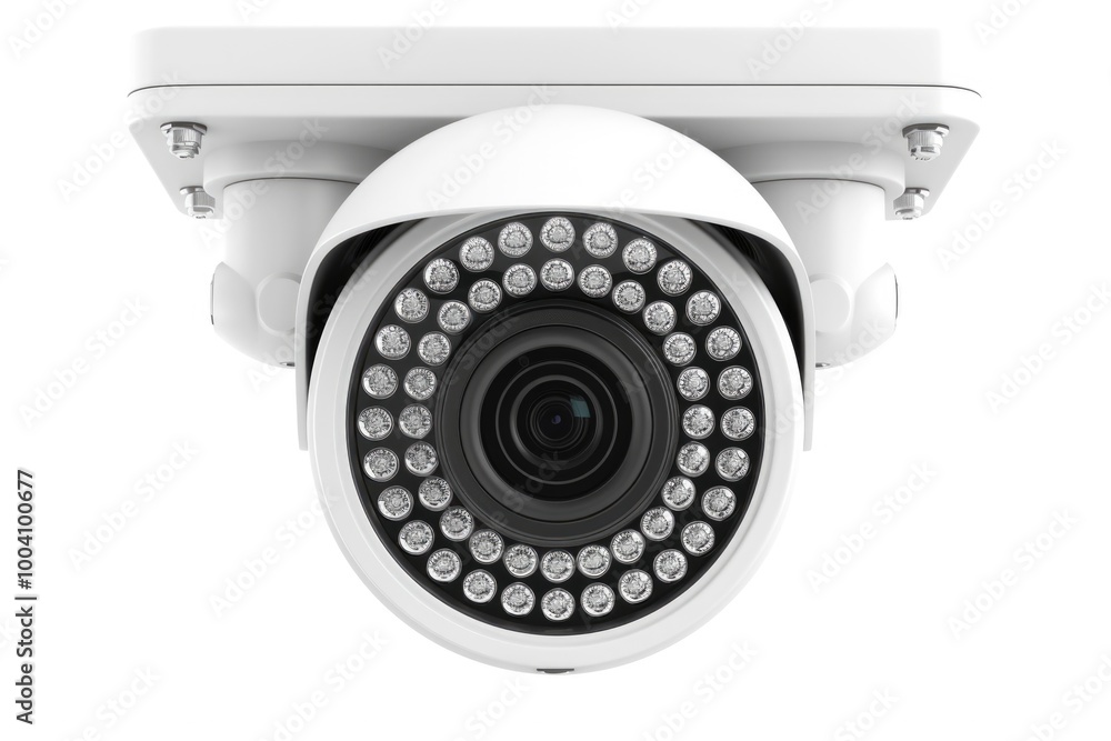 Poster a white camera installed on the side of a wall, ready for use