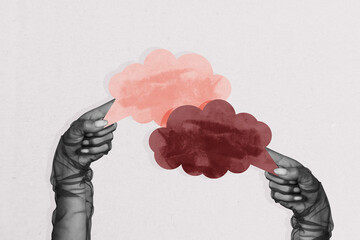 Creative collage hands body fragments sings gesture textbox cloud bubble communication dialog share...