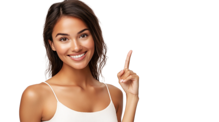 a beautiful cheerful woman point upper left cut out