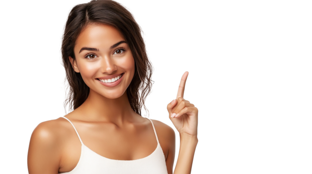 a beautiful cheerful woman point upper left cut out