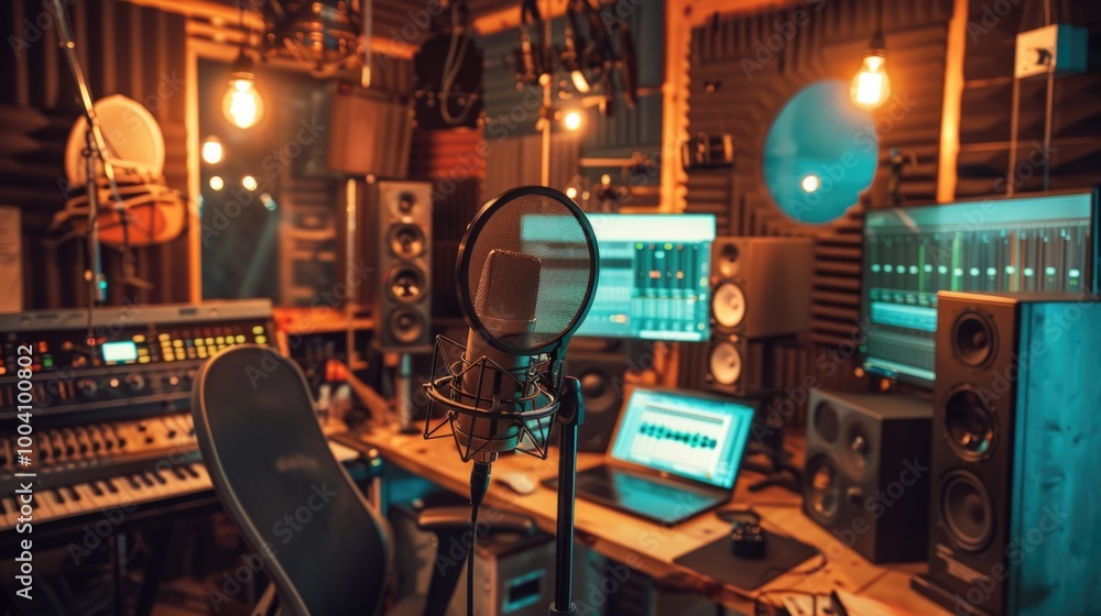 Poster a professional recording studio setup with a microphone, monitor, laptop, and more