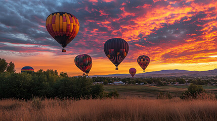Obraz premium A vibrant photograph of colorful hot air balloons floating in the sky at sunrise.