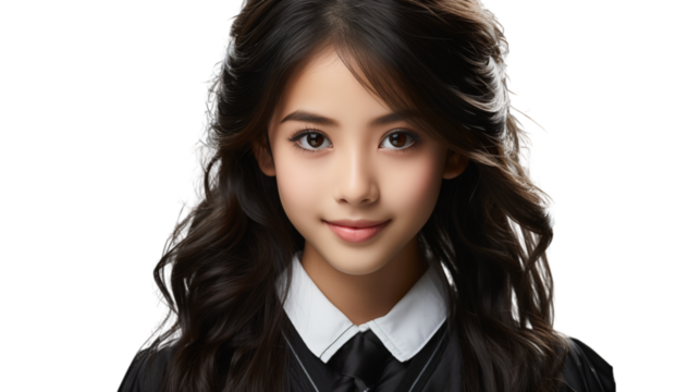 asian Young girl wearing uniform school, studio view, isolated on white background.